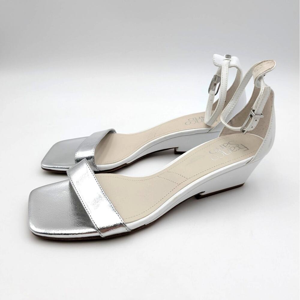 Franco Sarto Sadie Wedge Sandals Women's White/Silver Metallic Size US7.5M EU38